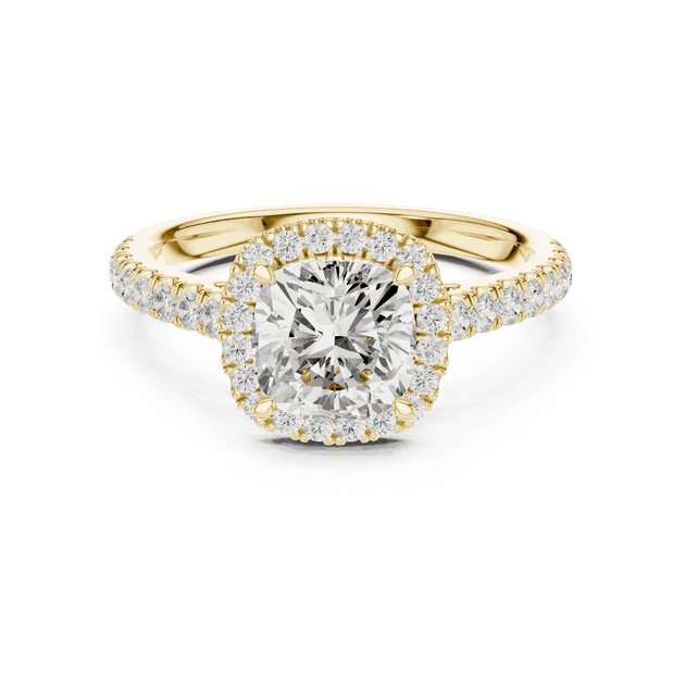 Three-Quarter View: Cushion Diamond Halo Engagement Ring with Pavé Band in 18K White Gold – Lab Grown – Driona Jewels