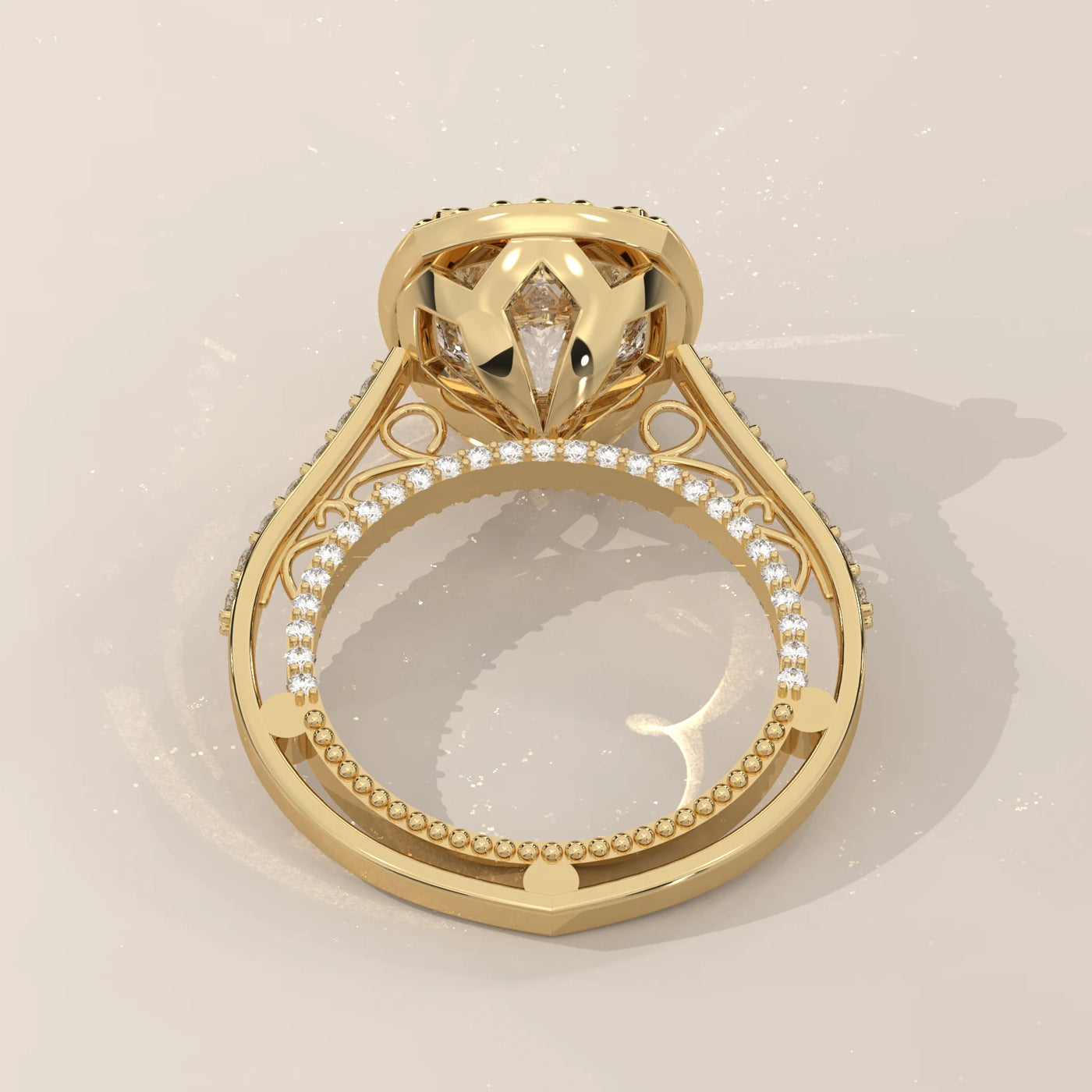 Gold engagement ring with a large diamond and pave accents.