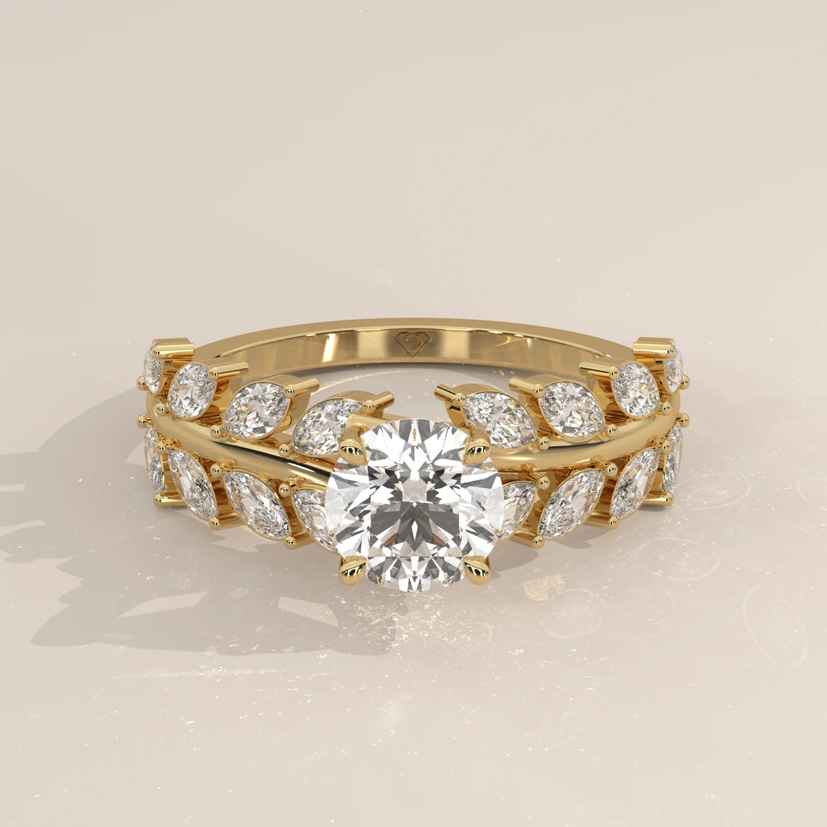 Round Lab Grown Diamond Ring with Double Marquise Leaf Band in yellow gold, shown from the front.