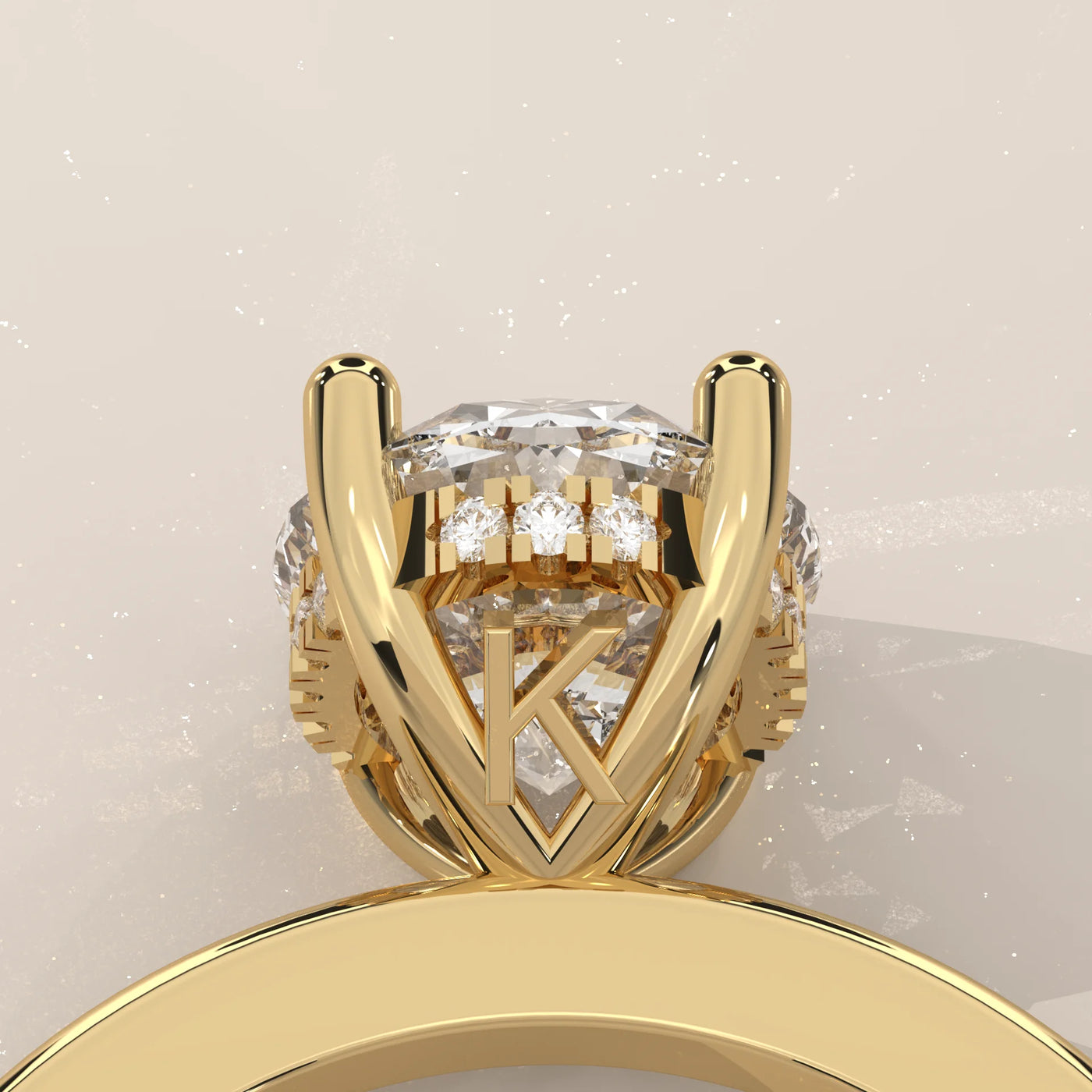 Close-up view of a diamond engagement ring with a gold band and detailed setting.