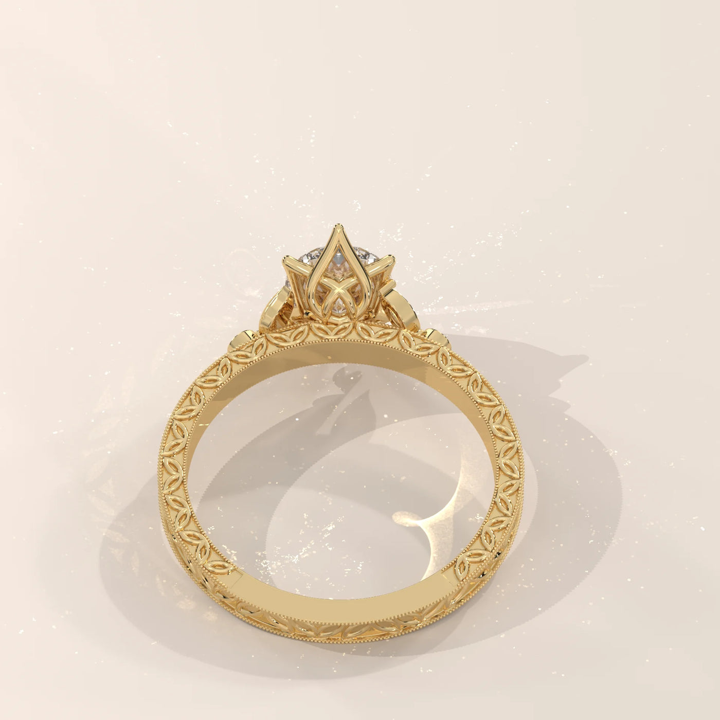 Exquisite 14k gold engagement ring with a detailed floral design and diamond.