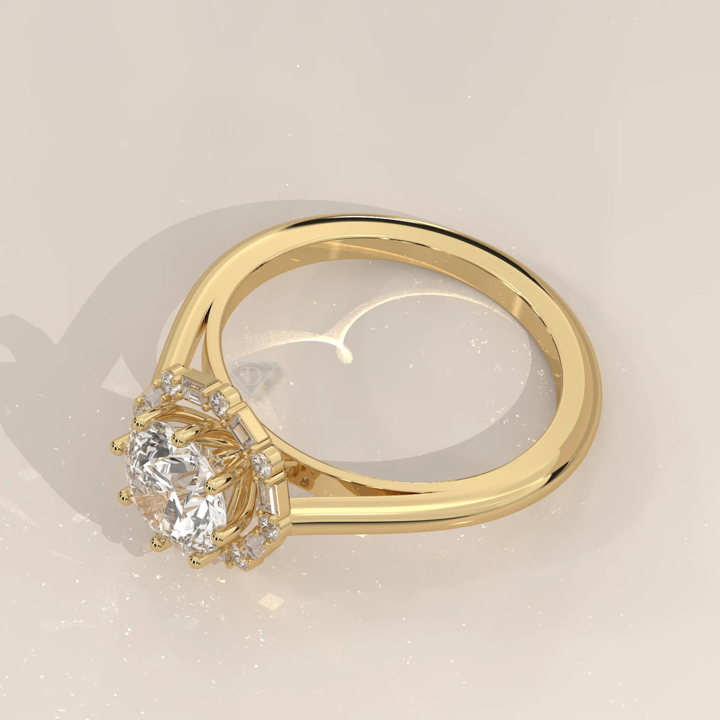 A yellow gold engagement ring with a diamond set in a unique prong setting.