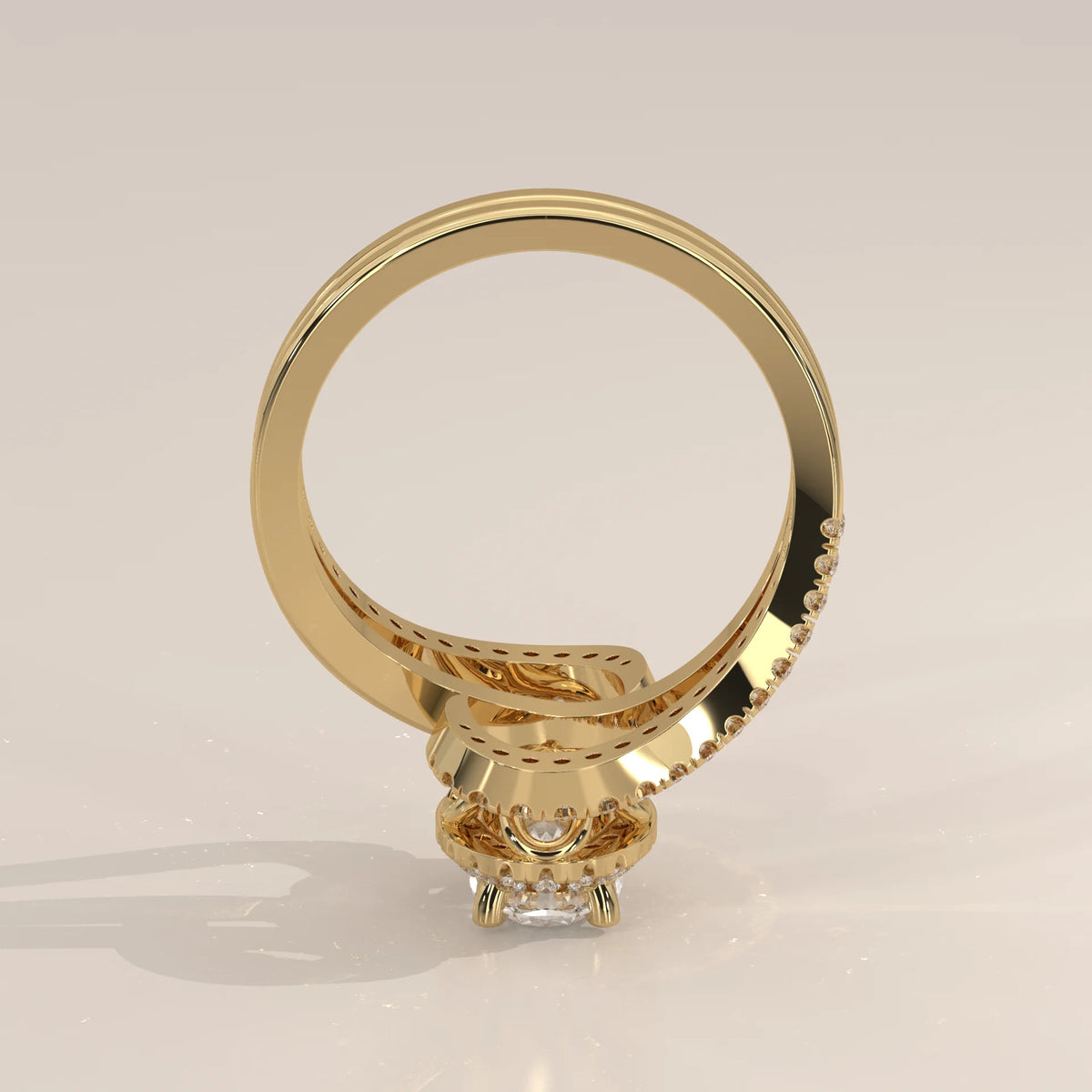 Oval Lab Grown Diamond Halo Ring with Swirling Pave Bypass in yellow gold, side profile view.