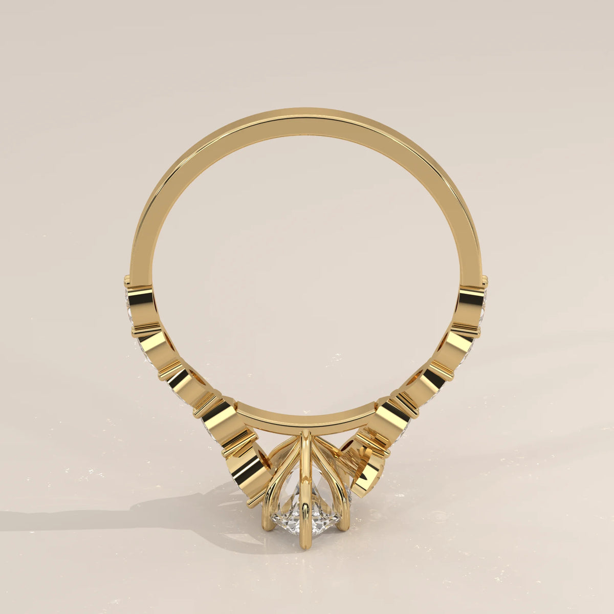 A yellow gold engagement ring with a diamond set in a unique prong setting.