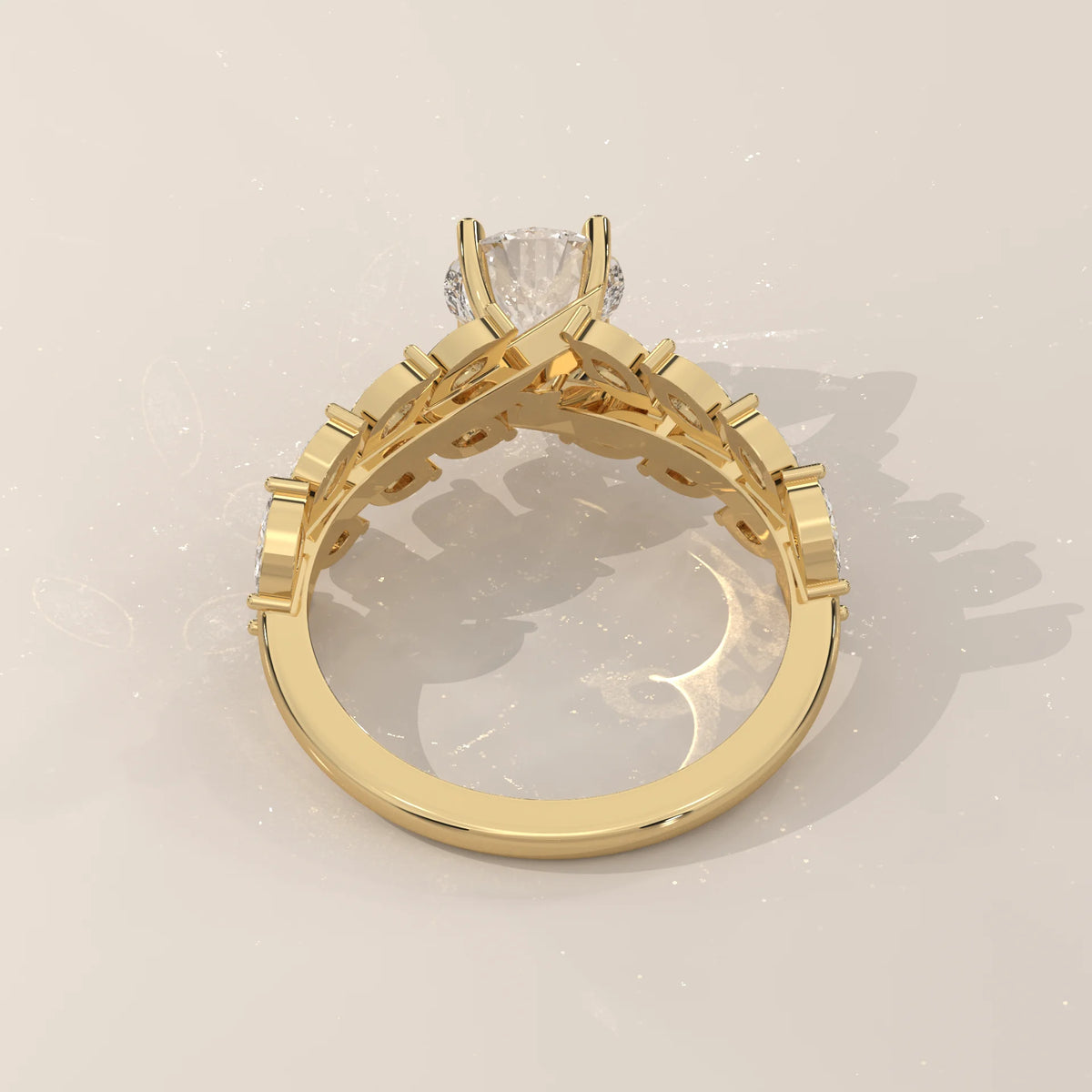Round Lab Grown Diamond Ring with Double Marquise Leaf Band in yellow gold, shown from the side.