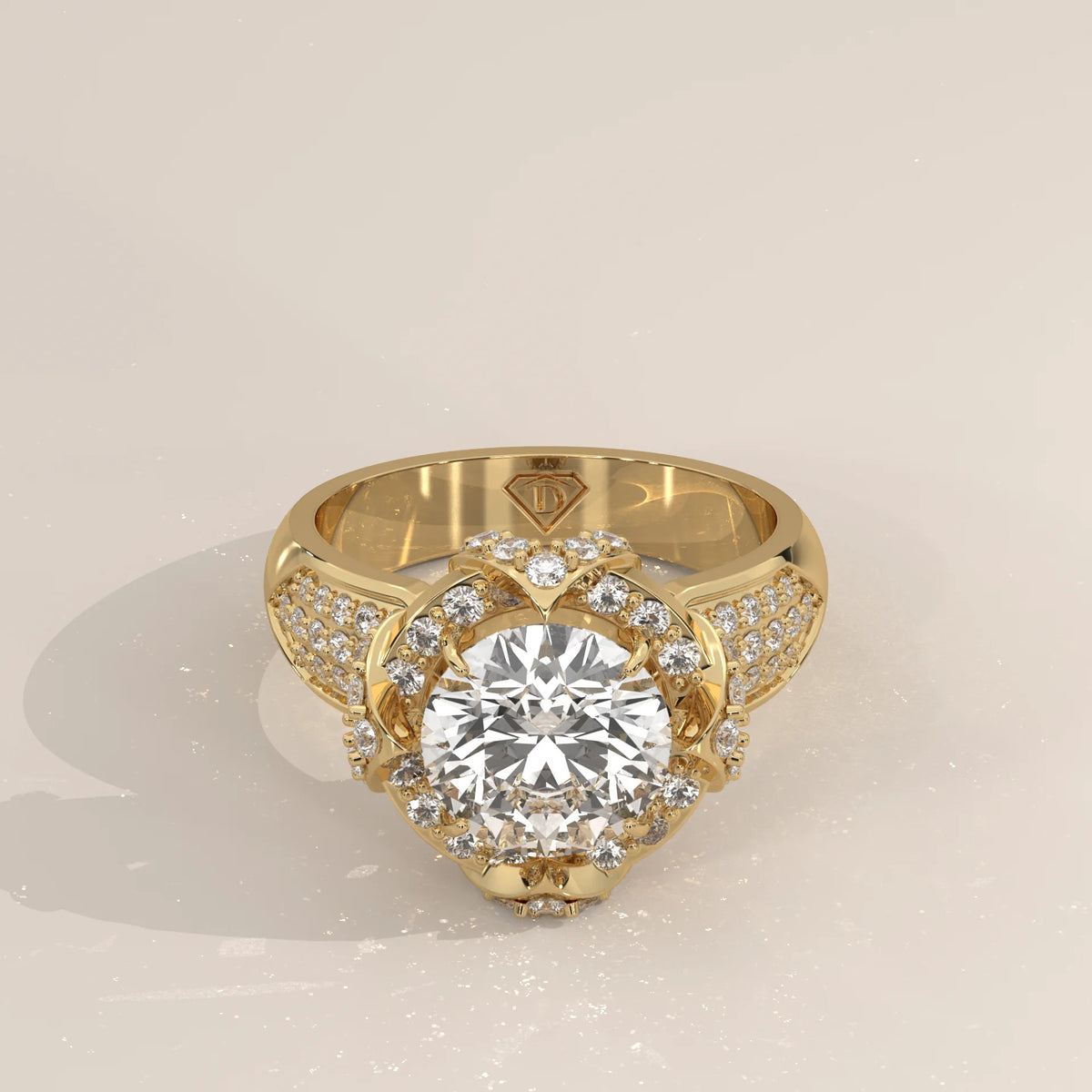 A detailed view of a radiant cut diamond engagement ring in 18k yellow gold.