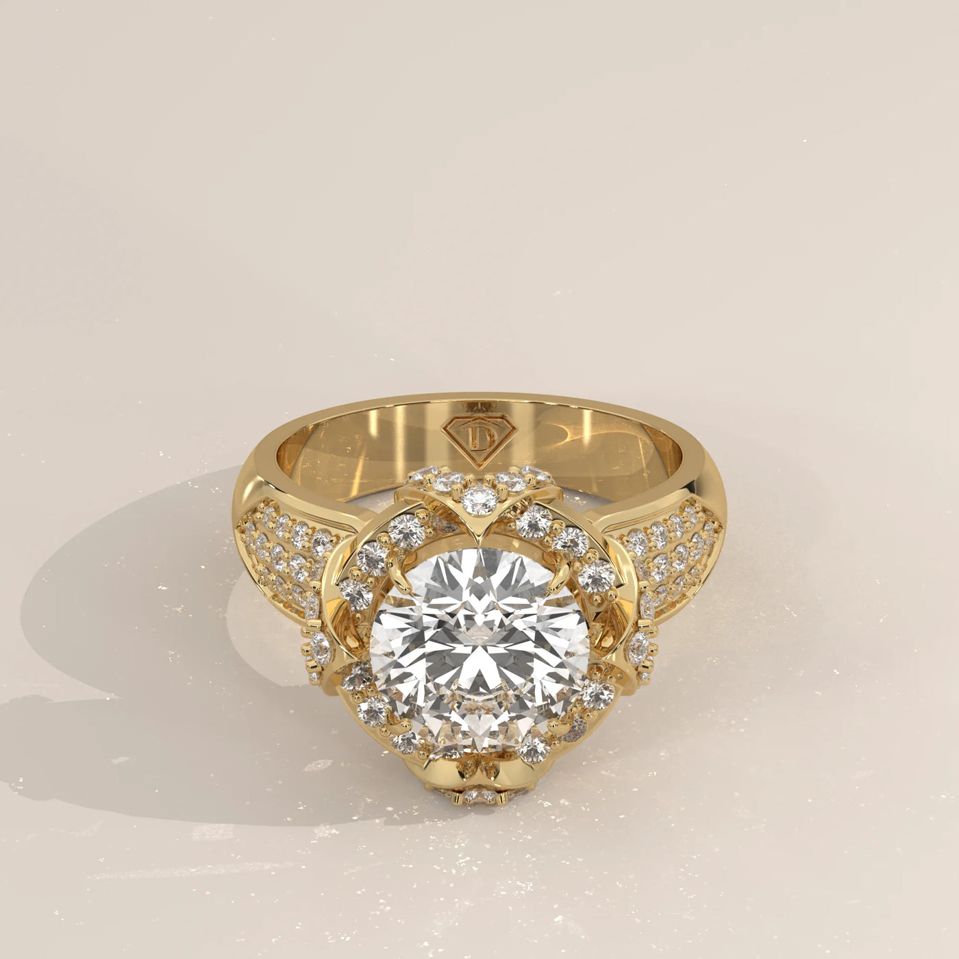 A detailed view of a radiant cut diamond engagement ring in 18k yellow gold.