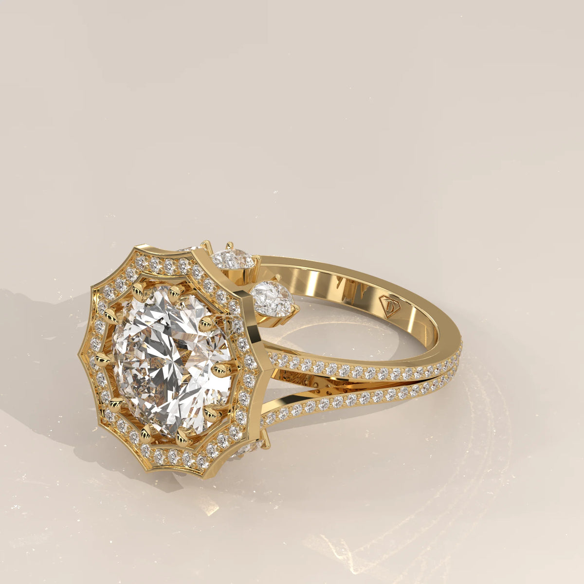 Round Lab Grown Diamond Twelve Point Halo Ring with Split Shank in yellow gold, shown at an angle.