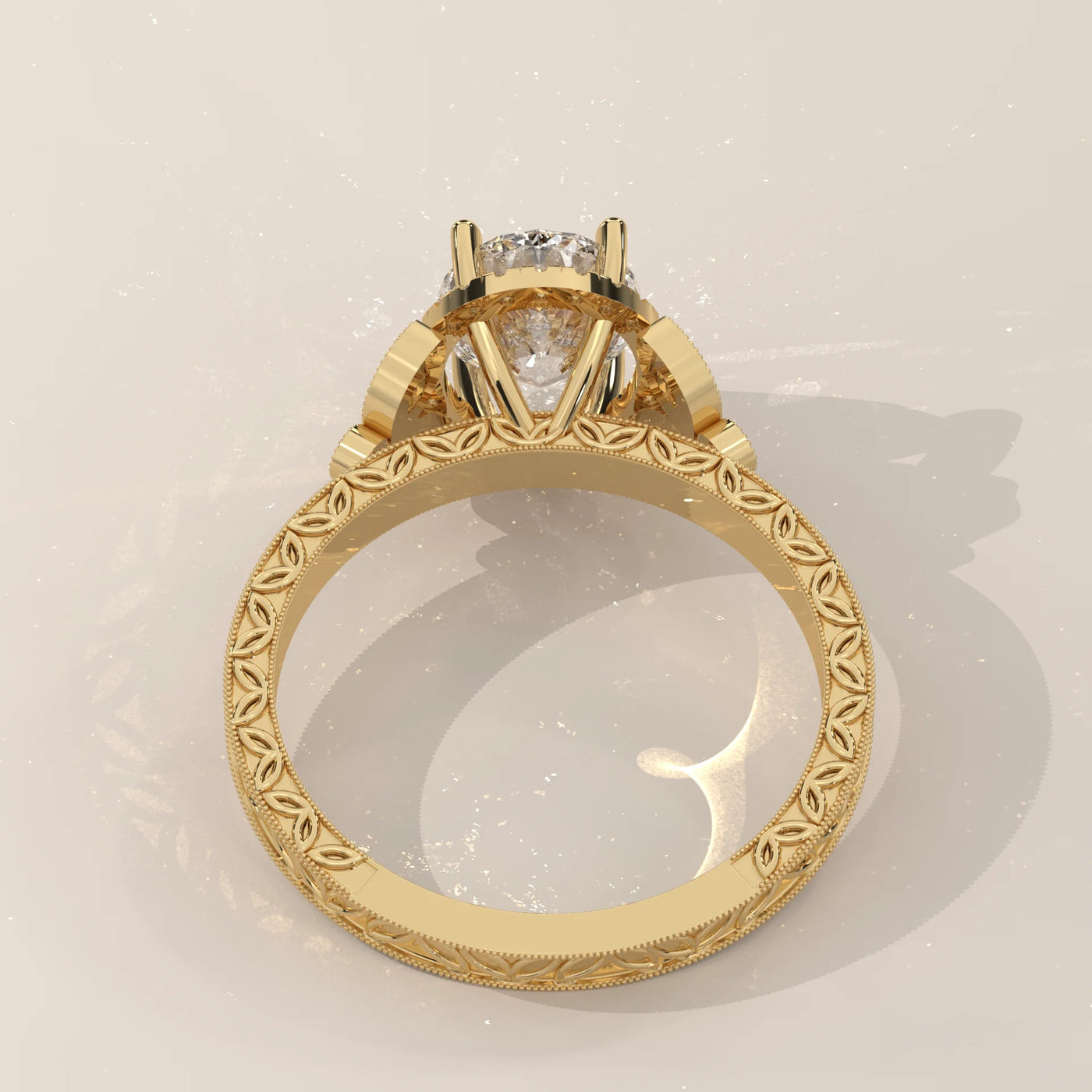 A vintage-inspired 14k yellow gold engagement ring with a round diamond.