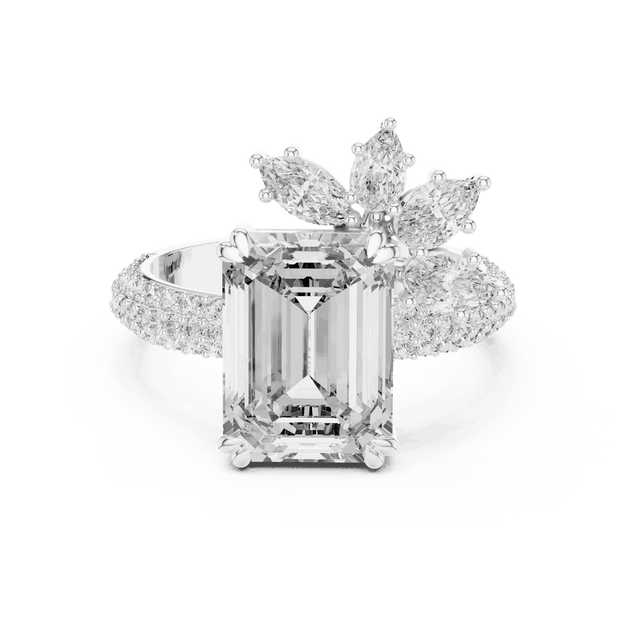 Front View: Emerald Cut Diamond Engagement Ring with Cluster Accent Pavé Setting in 18K Rose Gold – Lab Grown – Driona Jewels