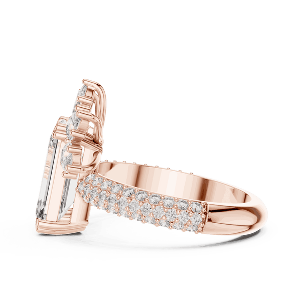 Side Profile: Emerald Cut Diamond Engagement Ring with Cluster Accent Pavé Setting in 18K Rose Gold – Lab Grown – Driona Jewels