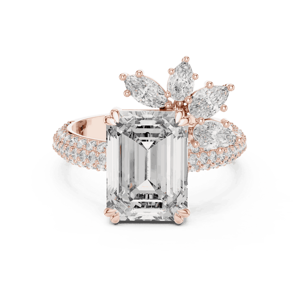 Three-Quarter View: Emerald Cut Diamond Engagement Ring with Cluster Accent Pavé Setting in 18K Rose Gold – Lab Grown – Driona Jewels