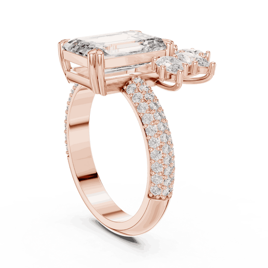 Back View: Emerald Cut Diamond Engagement Ring with Cluster Accent Pavé Setting in 18K White Gold – Lab Grown – Driona Jewels