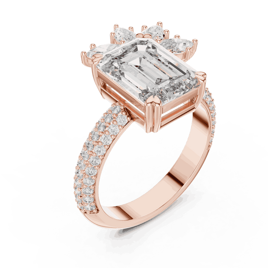 Front View: Emerald Cut Diamond Engagement Ring with Cluster Accent Pavé Setting in 18K White Gold – Lab Grown – Driona Jewels