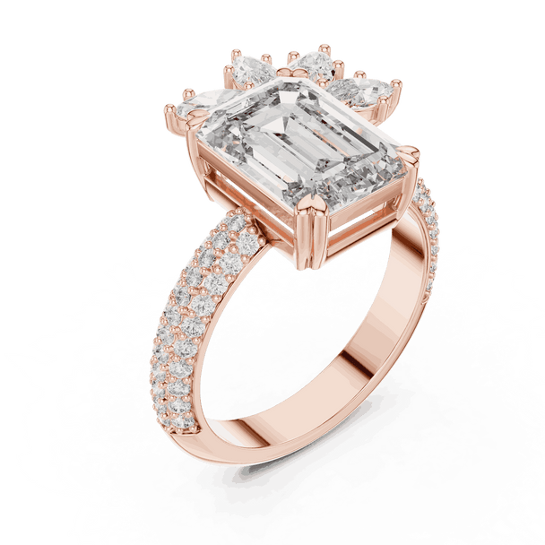 Front View: Emerald Cut Diamond Engagement Ring with Cluster Accent Pavé Setting in 18K White Gold – Lab Grown – Driona Jewels