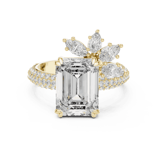 Three-Quarter View: Emerald Cut Diamond Engagement Ring with Cluster Accent Pavé Setting in 18K White Gold – Lab Grown – Driona Jewels