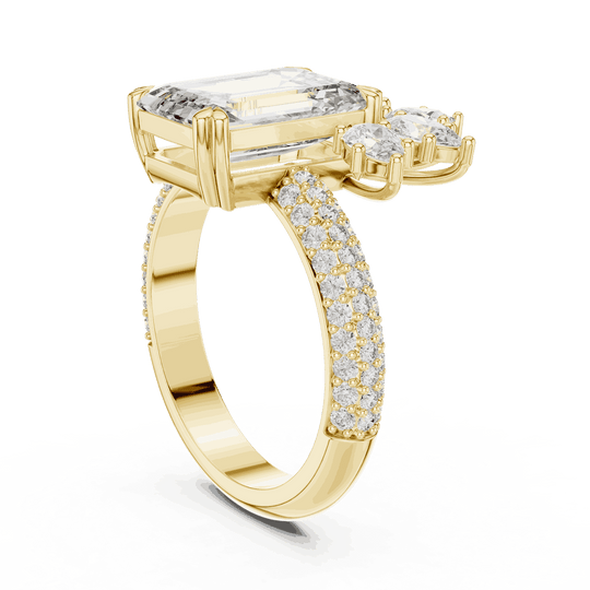 Back View: Emerald Cut Diamond Engagement Ring with Cluster Accent Pavé Setting in 18K Yellow Gold – Lab Grown – Driona Jewels