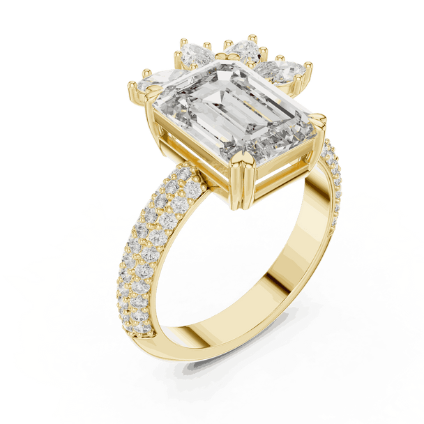 Front View: Emerald Cut Diamond Engagement Ring with Cluster Accent Pavé Setting in 18K Yellow Gold – Lab Grown – Driona Jewels