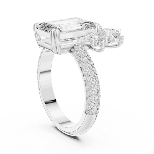 Side Profile: Emerald Cut Diamond Engagement Ring with Cluster Accent Pavé Setting in 18K Yellow Gold – Lab Grown – Driona Jewels