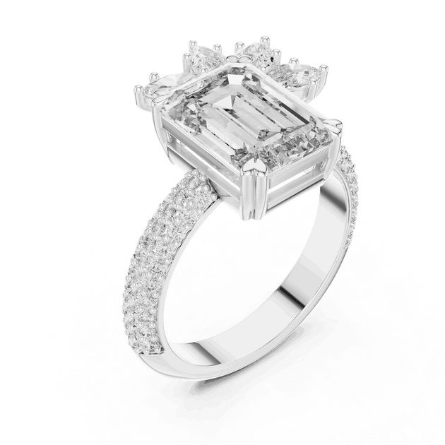 Three-Quarter View: Emerald Cut Diamond Engagement Ring with Cluster Accent Pavé Setting in 18K Yellow Gold – Lab Grown – Driona Jewels