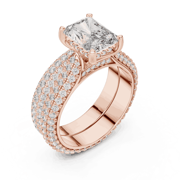 Angle View: Emerald Cut Diamond Solitaire Engagement Ring with Dome Triple-Row Micro-Pavé Band in 18K Rose Gold – Lab Grown – Driona Jewels