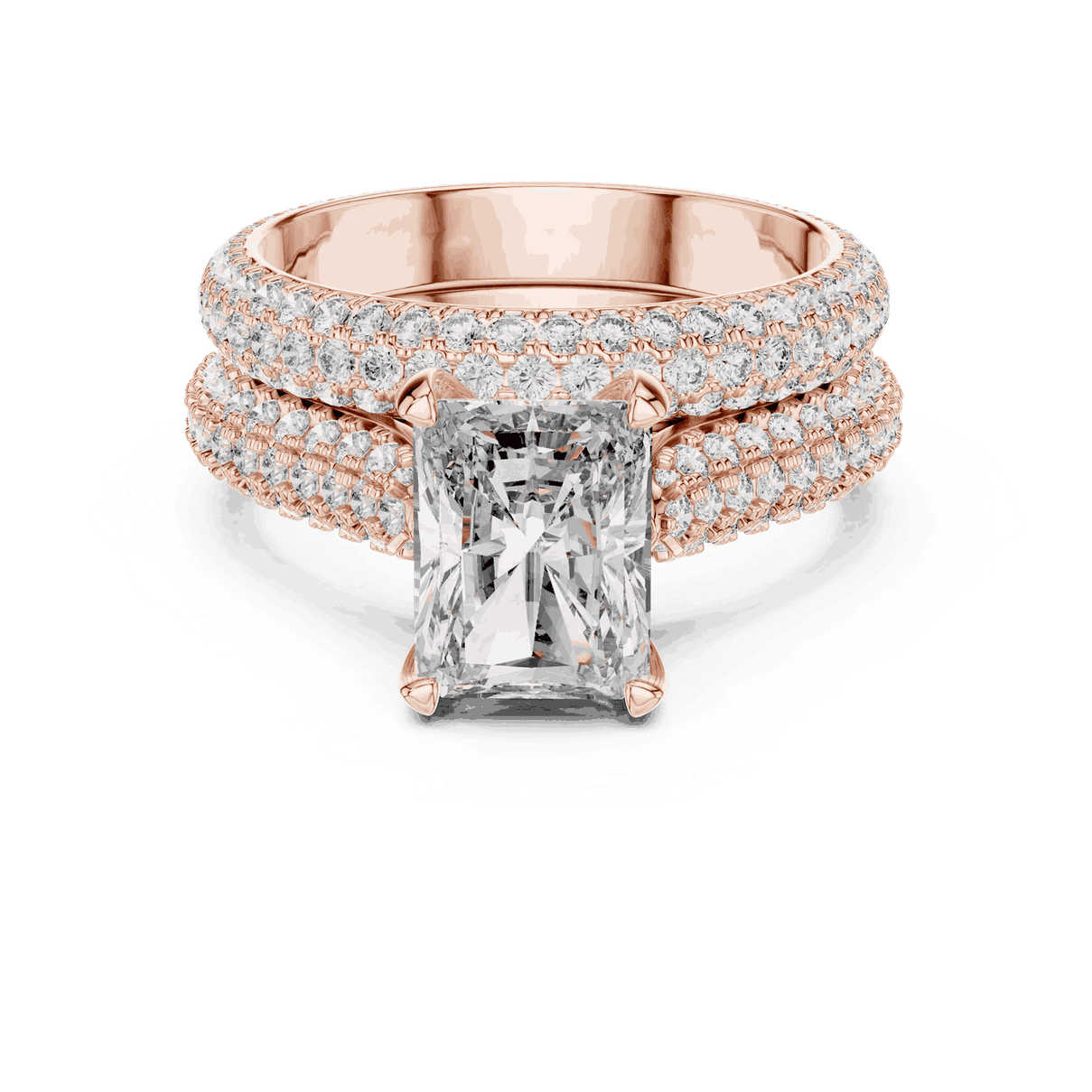 Front View: Emerald Cut Diamond Solitaire Engagement Ring with Dome Triple-Row Micro-Pavé Band in 18K Rose Gold – Lab Grown – Driona Jewels