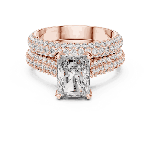 Front View: Emerald Cut Diamond Solitaire Engagement Ring with Dome Triple-Row Micro-Pavé Band in 18K Rose Gold – Lab Grown – Driona Jewels