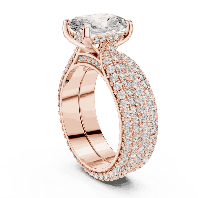 Three-Quarter View: Emerald Cut Diamond Solitaire Engagement Ring with Dome Triple-Row Micro-Pavé Band in 18K Rose Gold – Lab Grown – Driona Jewels