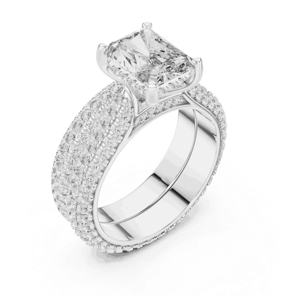 Angle View: Emerald Cut Diamond Solitaire Engagement Ring with Dome Triple-Row Micro-Pavé Band in 18K White Gold – Lab Grown – Driona Jewels