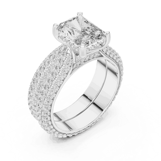 Angle View: Emerald Cut Diamond Solitaire Engagement Ring with Dome Triple-Row Micro-Pavé Band in 18K White Gold – Lab Grown – Driona Jewels