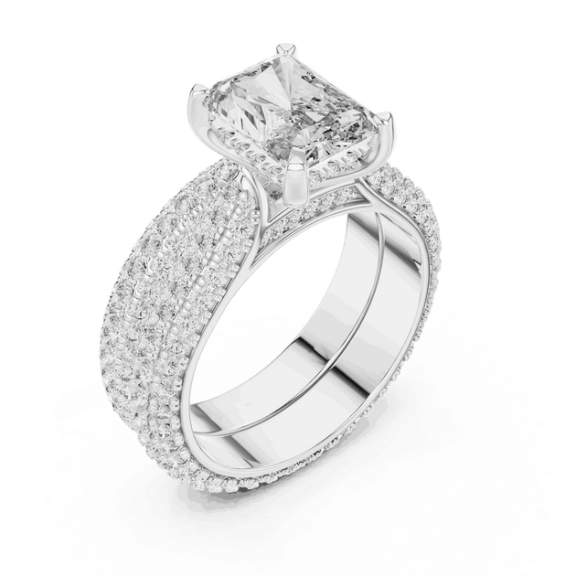 Angle View: Emerald Cut Diamond Solitaire Engagement Ring with Dome Triple-Row Micro-Pavé Band in 18K White Gold – Lab Grown – Driona Jewels