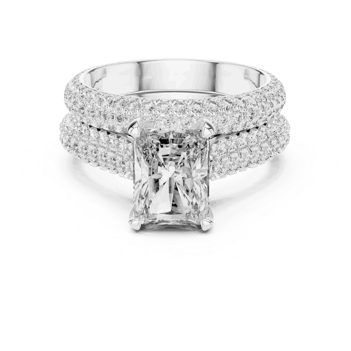 Front View: Emerald Cut Diamond Solitaire Engagement Ring with Dome Triple-Row Micro-Pavé Band in 18K White Gold – Lab Grown – Driona Jewels
