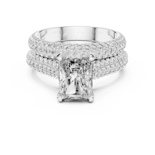 Front View: Emerald Cut Diamond Solitaire Engagement Ring with Dome Triple-Row Micro-Pavé Band in 18K White Gold – Lab Grown – Driona Jewels