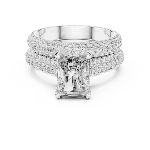 Front View: Emerald Cut Diamond Solitaire Engagement Ring with Dome Triple-Row Micro-Pavé Band in 18K White Gold – Lab Grown – Driona Jewels