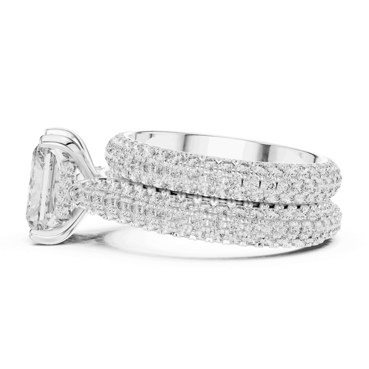 Side Profile: Emerald Cut Diamond Solitaire Engagement Ring with Dome Triple-Row Micro-Pavé Band in 18K White Gold – Lab Grown – Driona Jewels