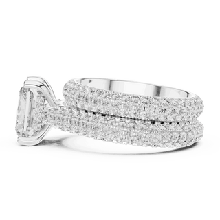Side Profile: Emerald Cut Diamond Solitaire Engagement Ring with Dome Triple-Row Micro-Pavé Band in 18K White Gold – Lab Grown – Driona Jewels