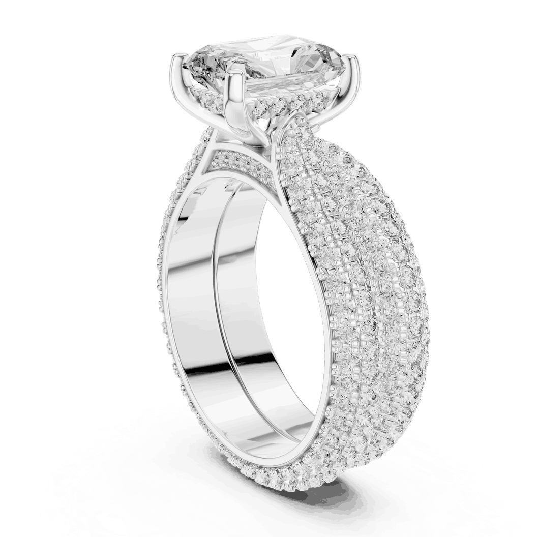 Three-Quarter View: Emerald Cut Diamond Solitaire Engagement Ring with Dome Triple-Row Micro-Pavé Band in 18K White Gold – Lab Grown – Driona Jewels