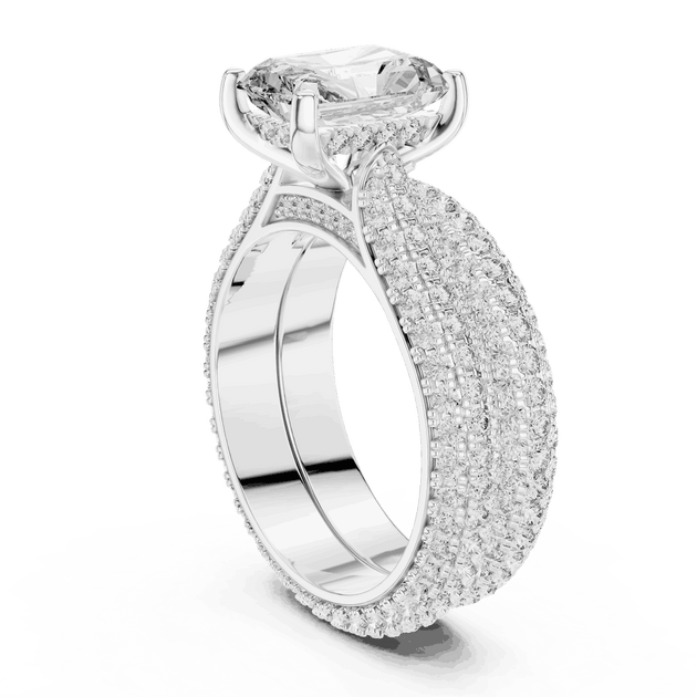 Three-Quarter View: Emerald Cut Diamond Solitaire Engagement Ring with Dome Triple-Row Micro-Pavé Band in 18K White Gold – Lab Grown – Driona Jewels