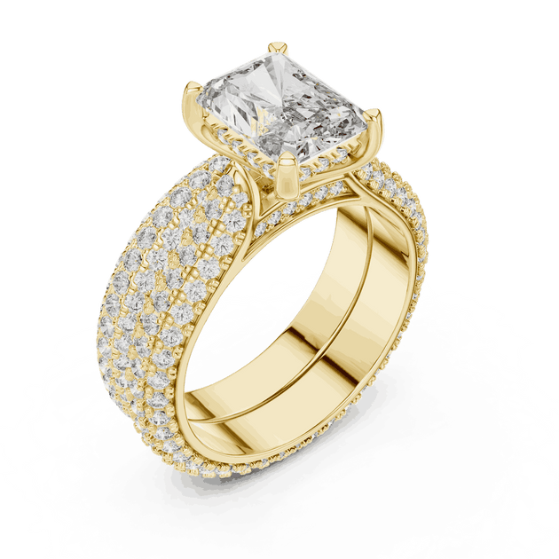 Angle View: Emerald Cut Diamond Solitaire Engagement Ring with Dome Triple-Row Micro-Pavé Band in 18K Yellow Gold – Lab Grown – Driona Jewels