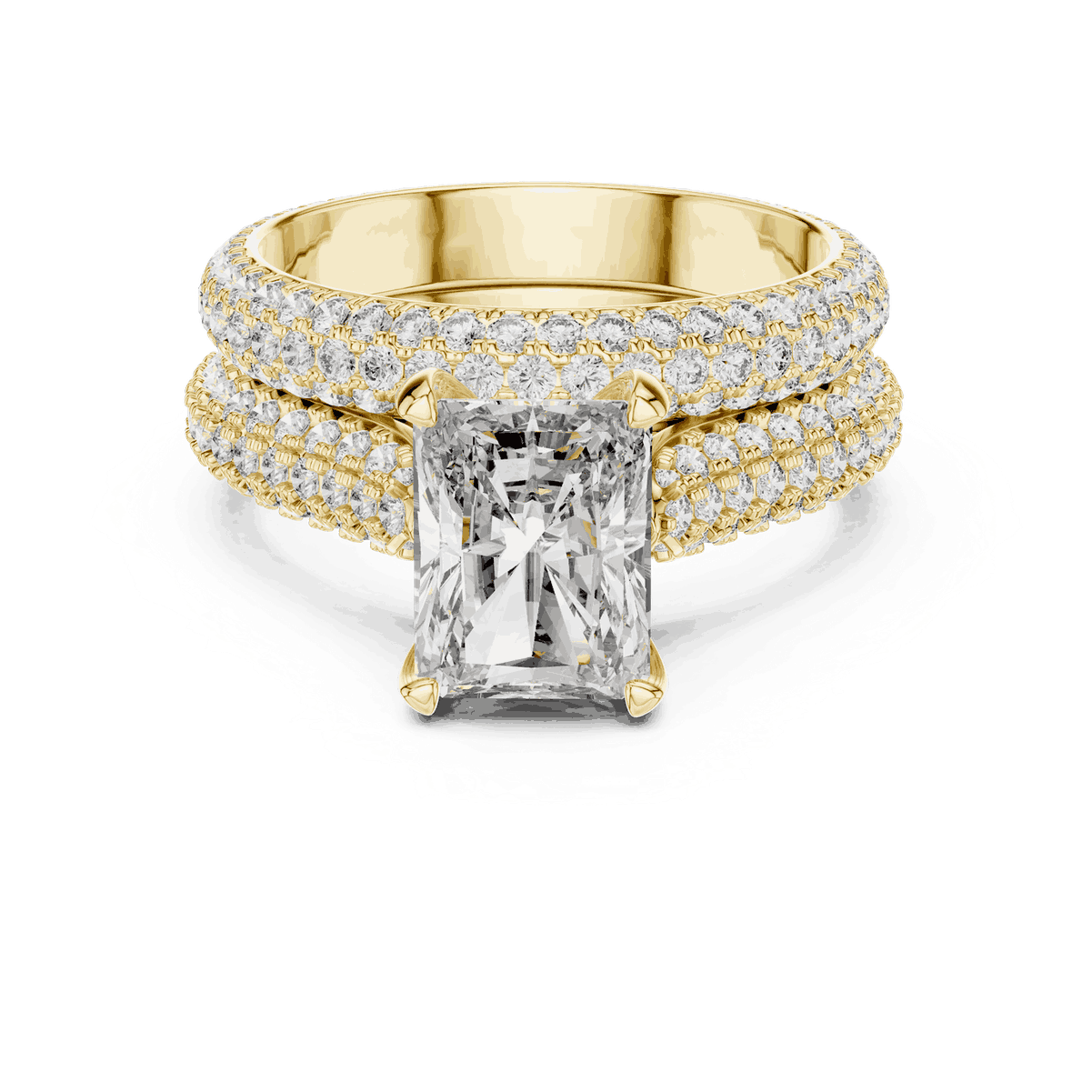 Front View: Emerald Cut Diamond Solitaire Engagement Ring with Dome Triple-Row Micro-Pavé Band in 18K Yellow Gold – Lab Grown – Driona Jewels
