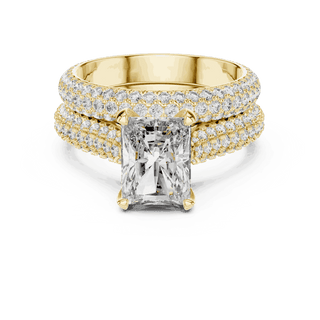 Front View: Emerald Cut Diamond Solitaire Engagement Ring with Dome Triple-Row Micro-Pavé Band in 18K Yellow Gold – Lab Grown – Driona Jewels