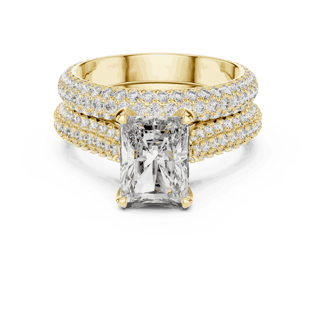 Front View: Emerald Cut Diamond Solitaire Engagement Ring with Dome Triple-Row Micro-Pavé Band in 18K Yellow Gold – Lab Grown – Driona Jewels