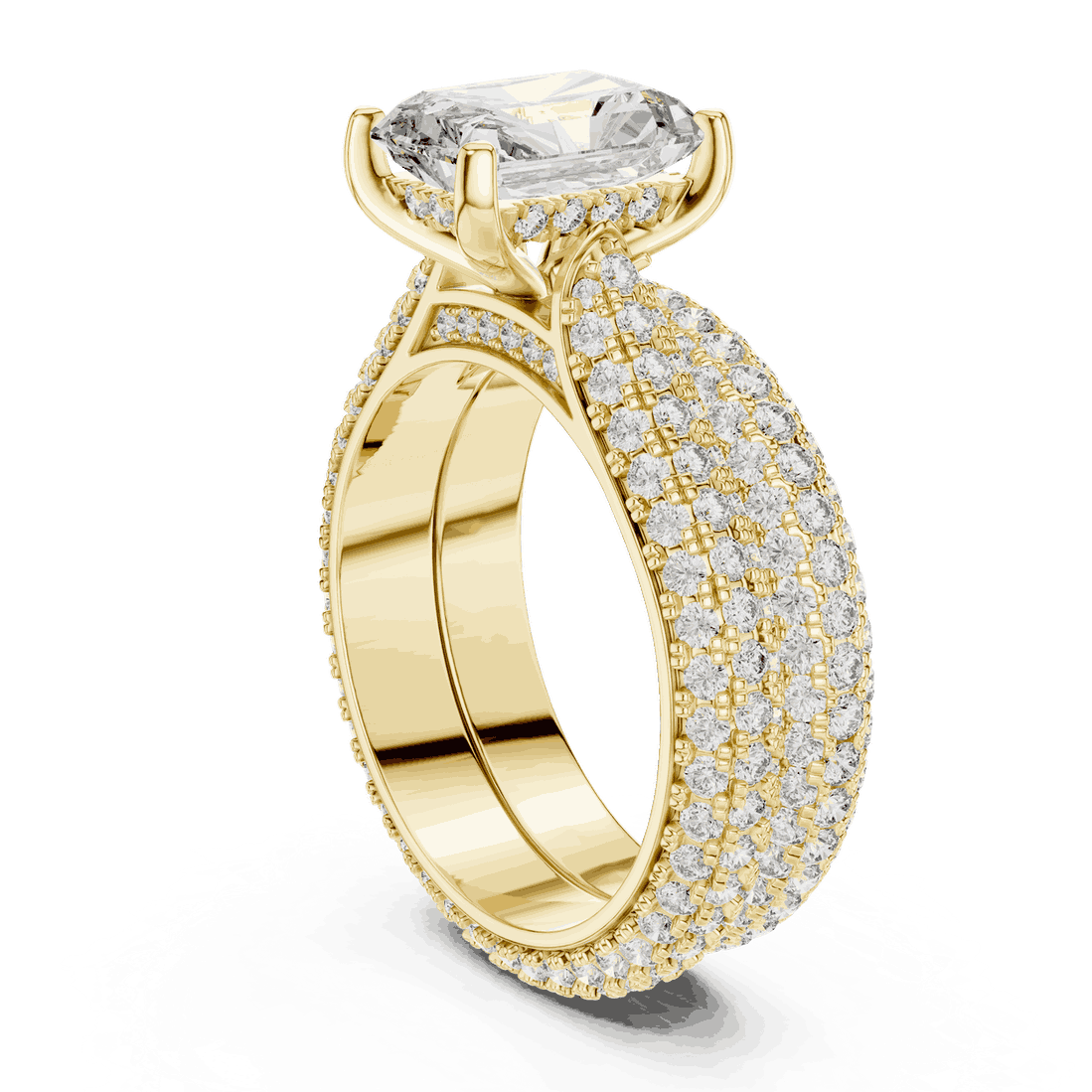 Three-Quarter View: Emerald Cut Diamond Solitaire Engagement Ring with Dome Triple-Row Micro-Pavé Band in 18K Yellow Gold – Lab Grown – Driona Jewels