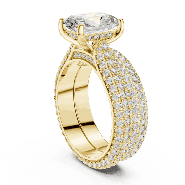 Three-Quarter View: Emerald Cut Diamond Solitaire Engagement Ring with Dome Triple-Row Micro-Pavé Band in 18K Yellow Gold – Lab Grown – Driona Jewels