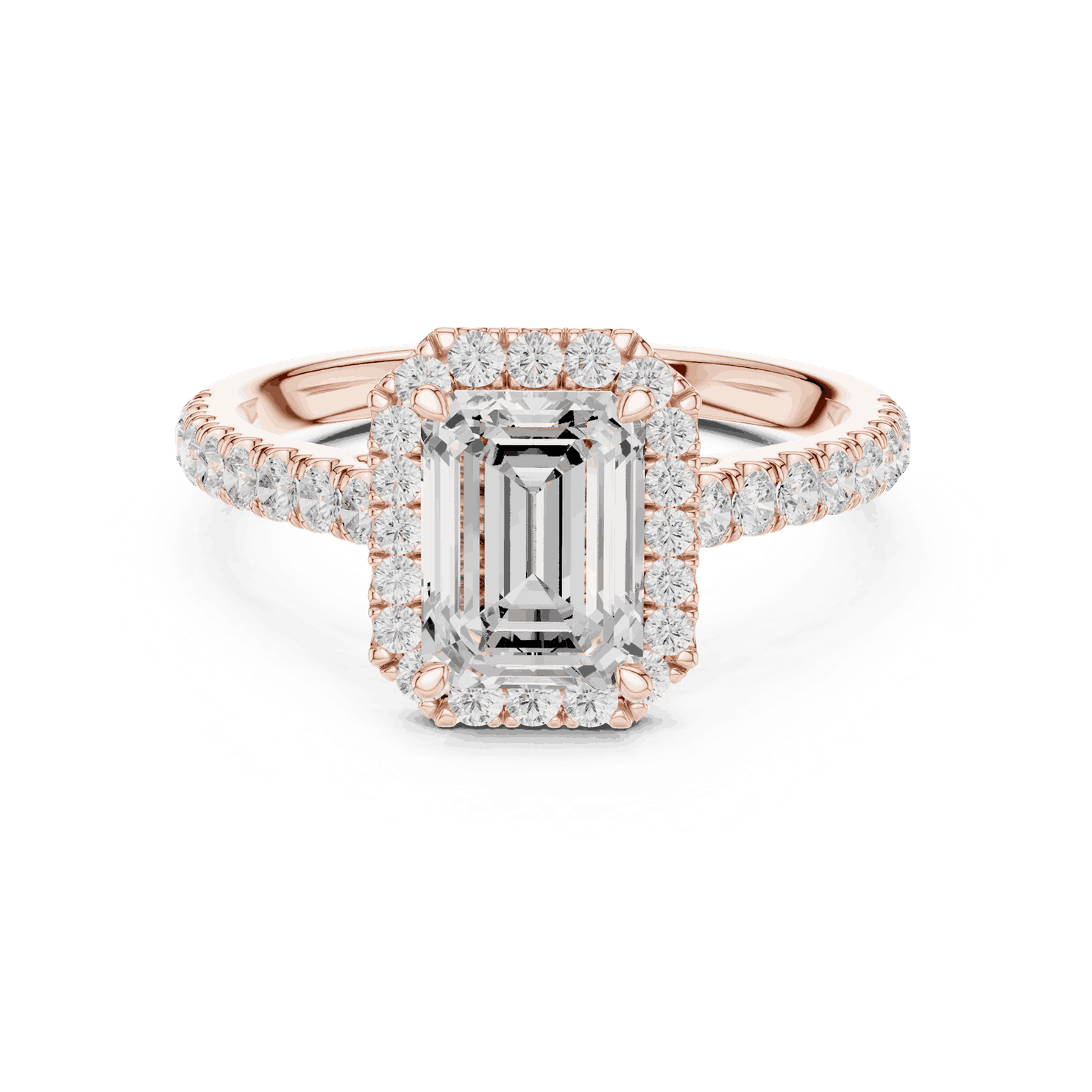 Front View: Emerald Cut Diamond Halo Engagement Ring with Pavé Band in 18K Rose Gold – Lab Grown – Driona Jewels