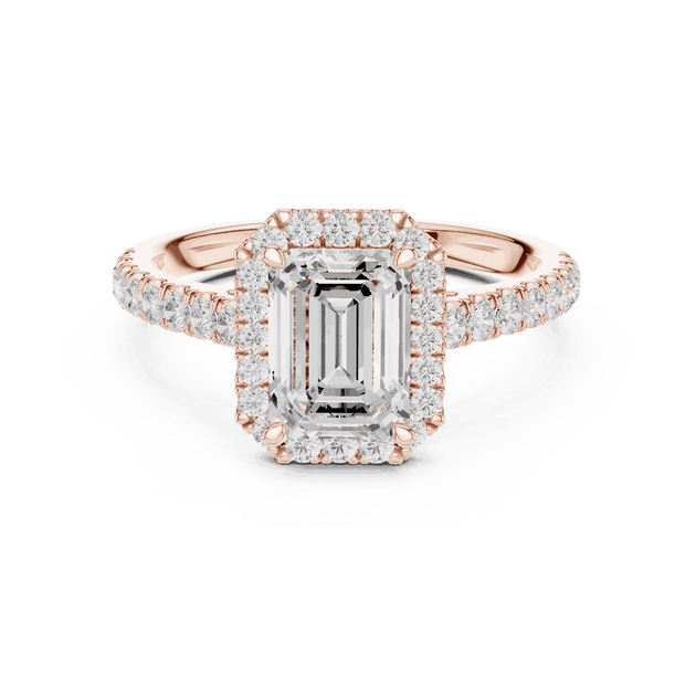 Front View: Emerald Cut Diamond Halo Engagement Ring with Pavé Band in 18K Rose Gold – Lab Grown – Driona Jewels