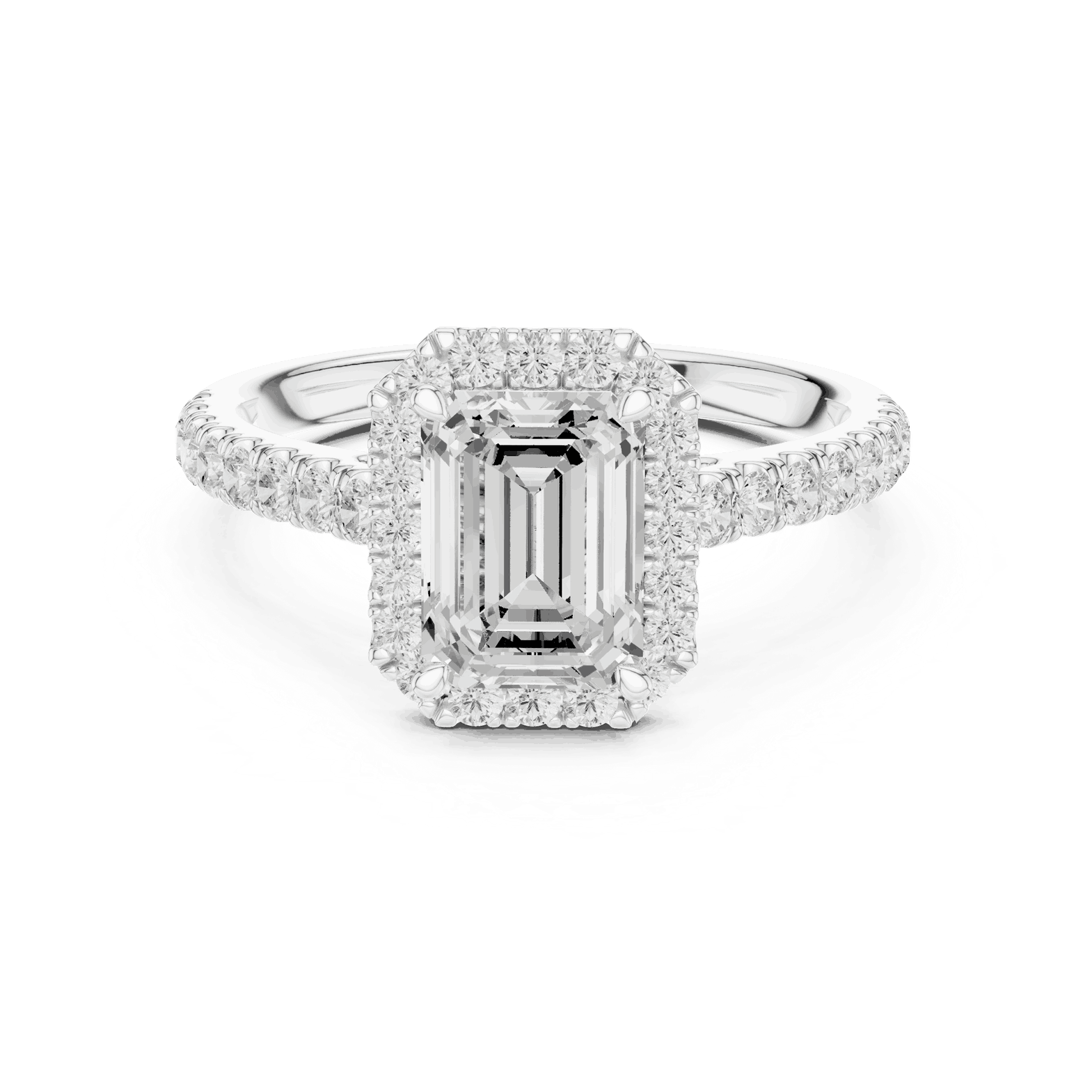 Front View: Emerald Cut Diamond Halo Engagement Ring with Pavé Band in 18K White Gold – Lab Grown – Driona Jewels