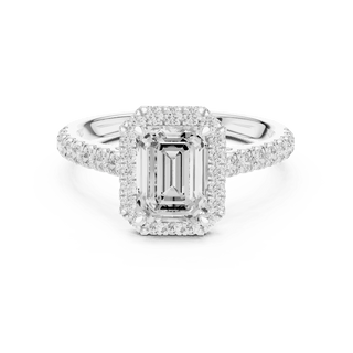 Front View: Emerald Cut Diamond Halo Engagement Ring with Pavé Band in 18K White Gold – Lab Grown – Driona Jewels