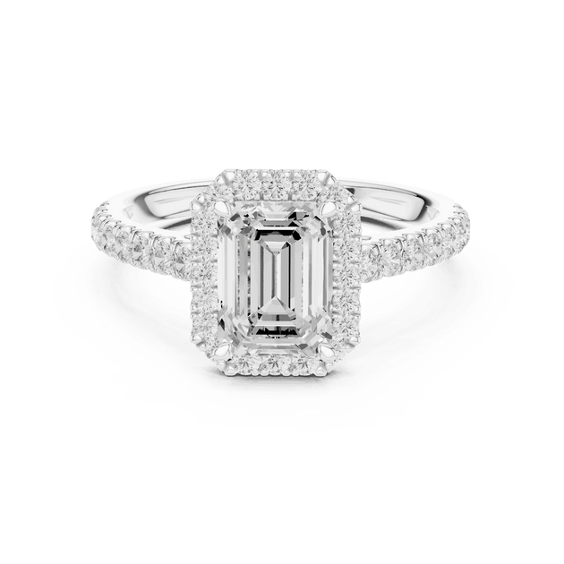 Front View: Emerald Cut Diamond Halo Engagement Ring with Pavé Band in 18K White Gold – Lab Grown – Driona Jewels
