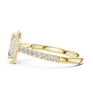 Side Profile: Emerald Cut Diamond Halo Engagement Ring with Pavé Band in 18K White Gold – Lab Grown – Driona Jewels
